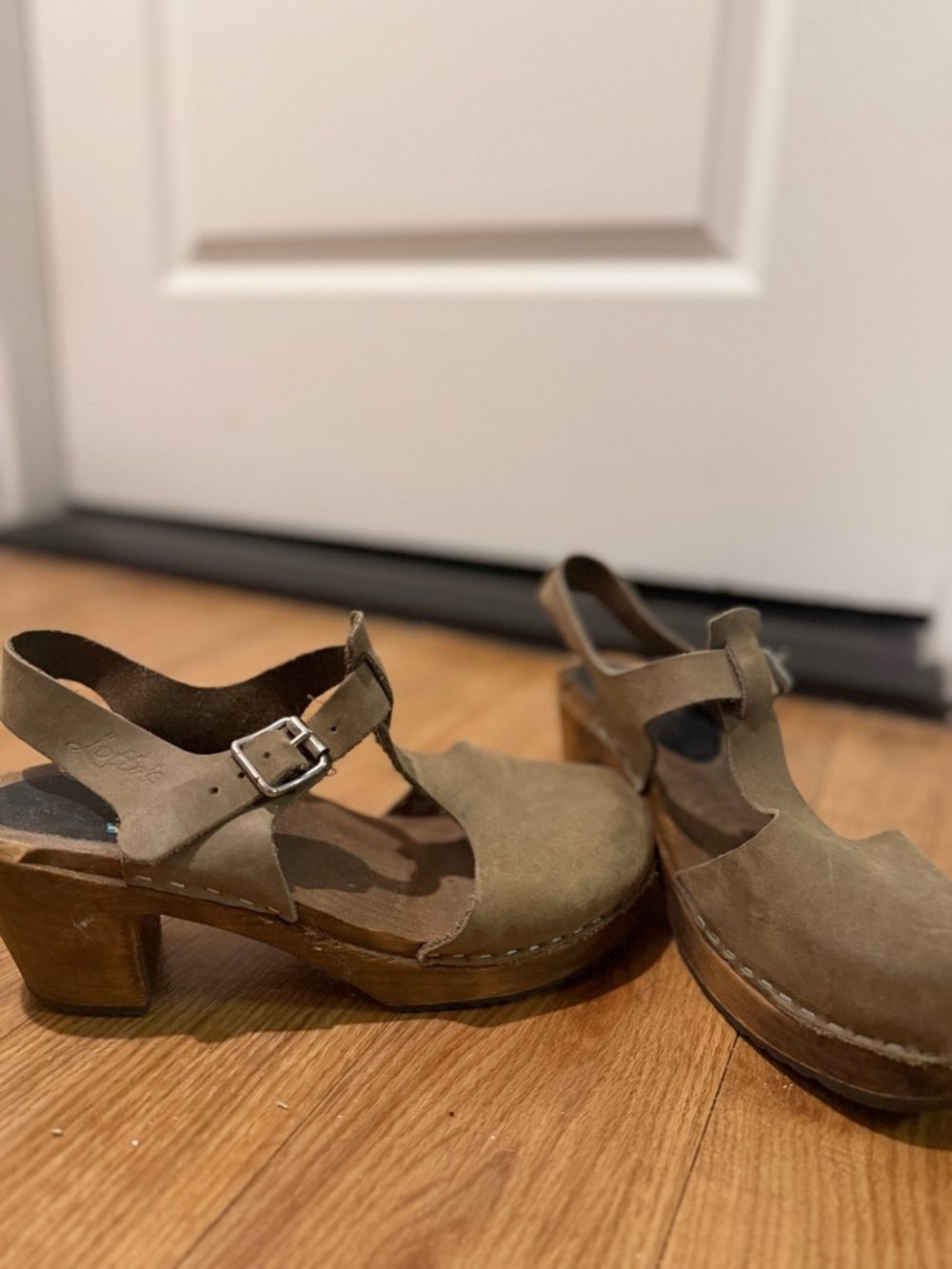Swedish T-Strap Clog Heels in Olive
